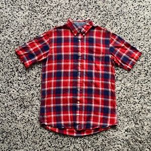 Surf Pendleton Shirt Men’s Short Sleeve Indian Madras Red Blue Plaid Size Medium